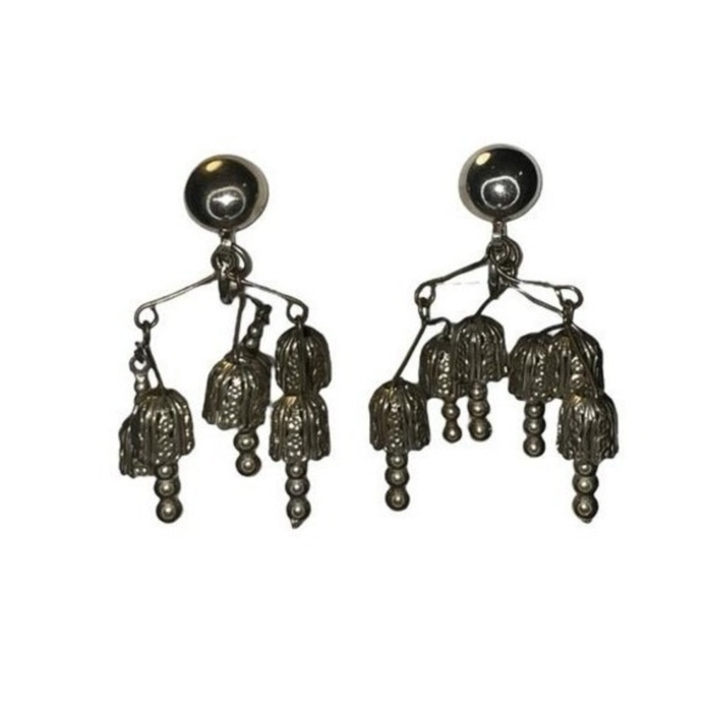 Vintage Chandelier Earrings Silver Tone Metal Bells Clip On Screw Back